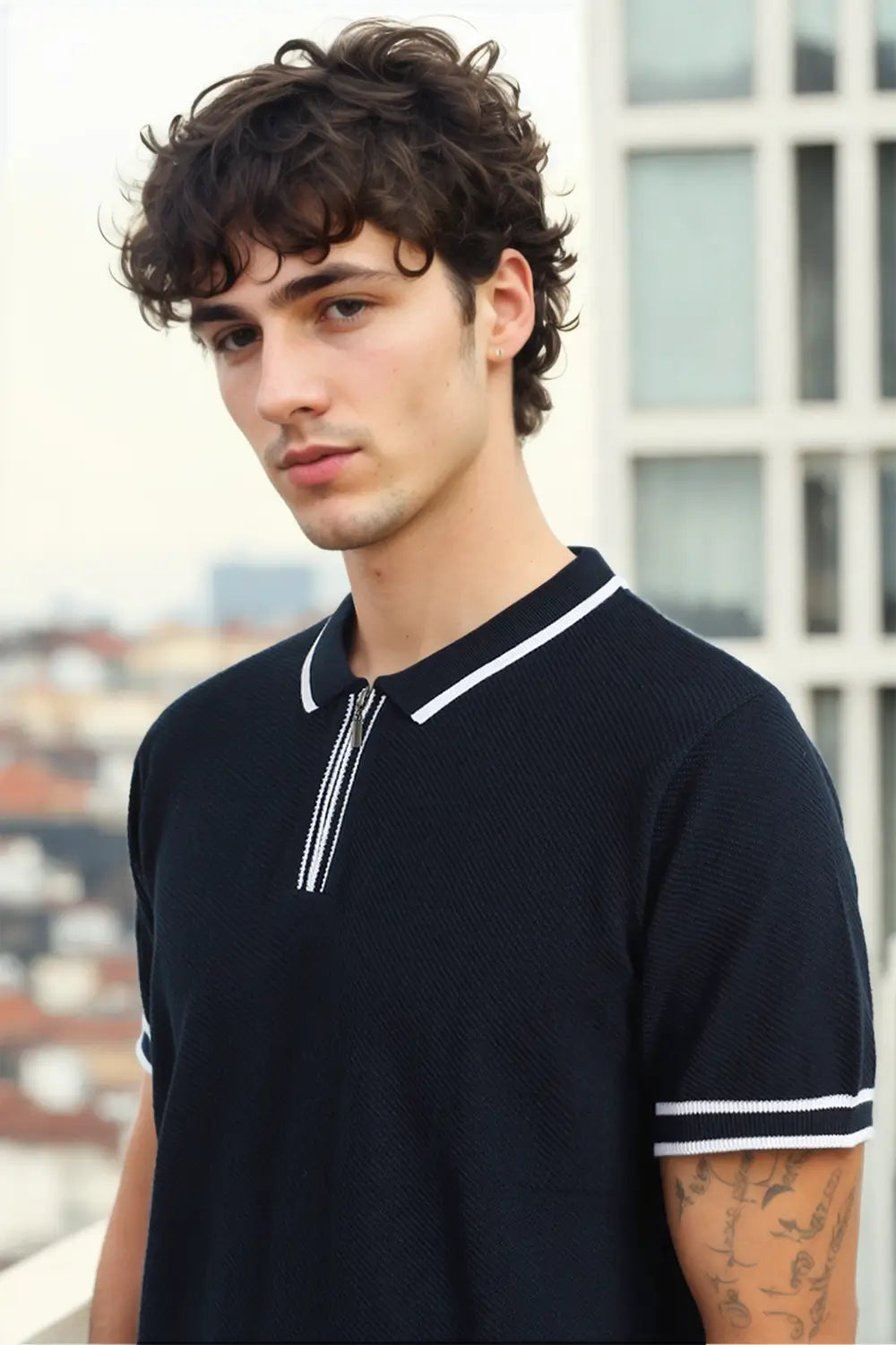 Zip-up Textured Polo T-Shirt