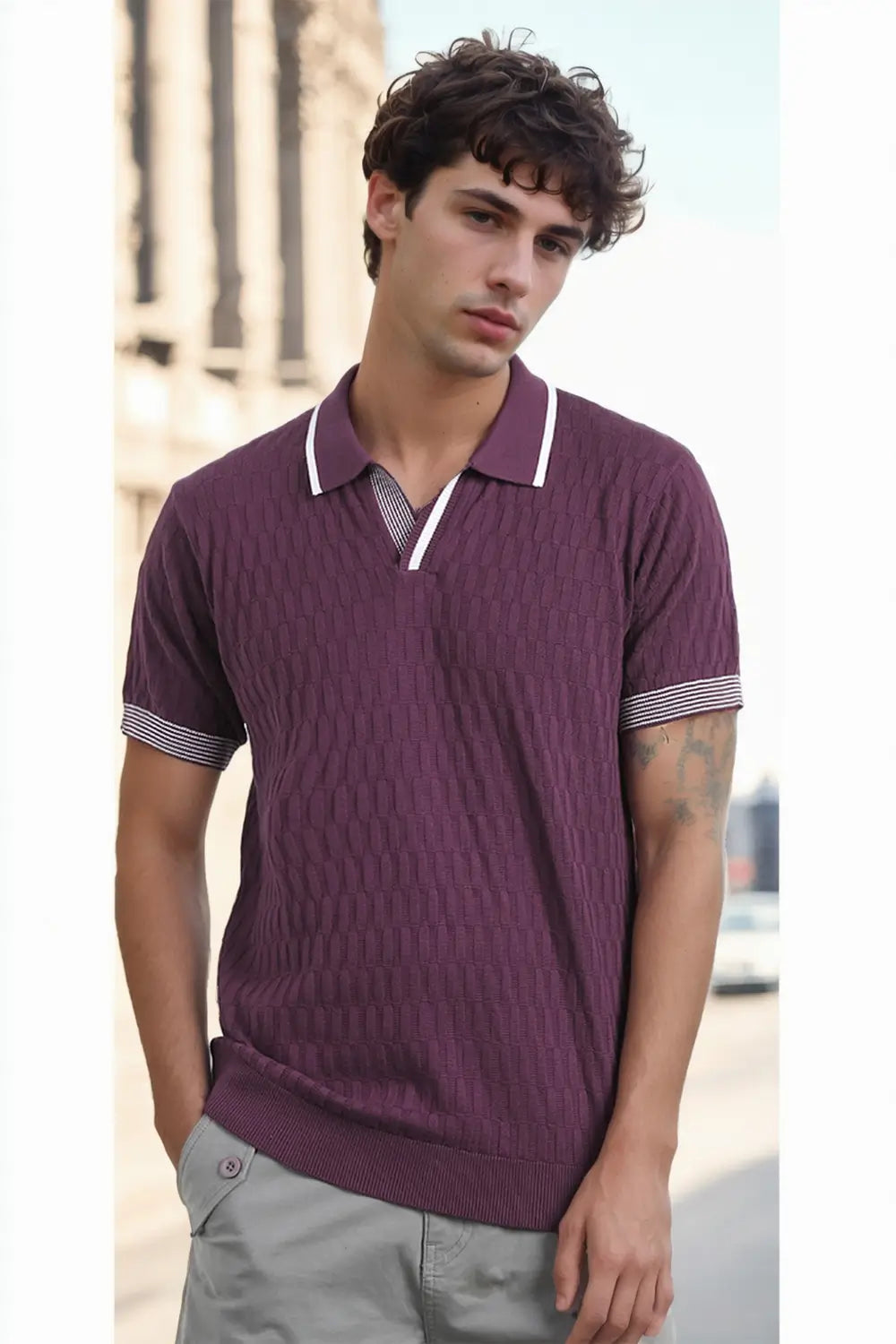 Grid Knit Textured Polo T-Shirt