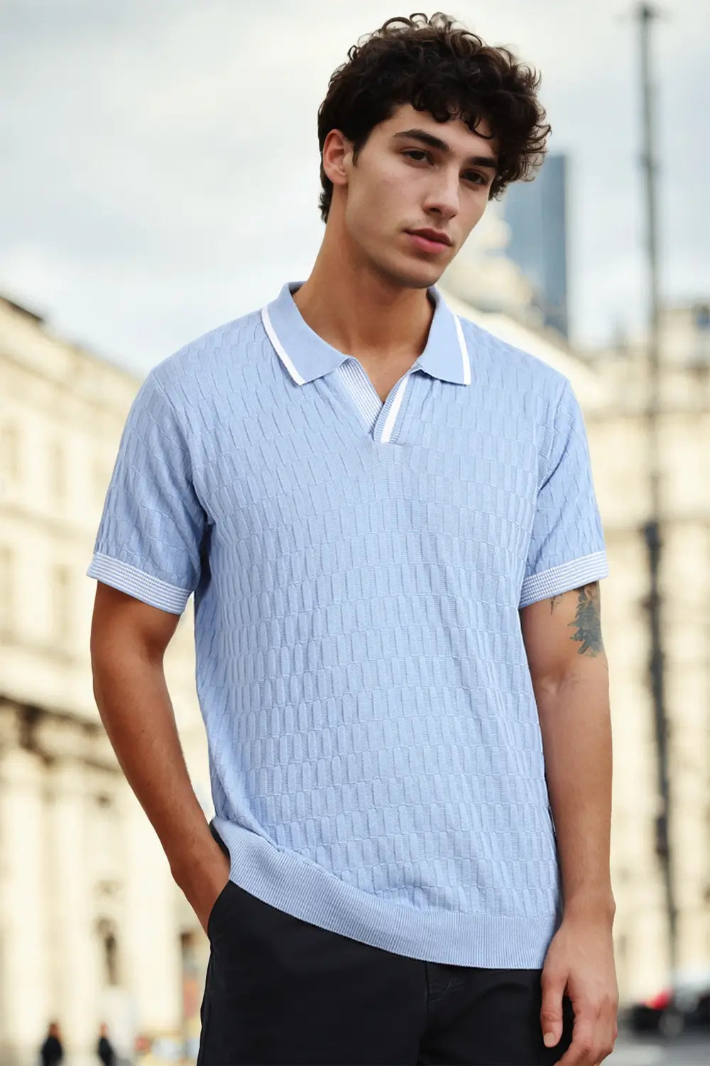 Grid Knit Textured Polo T-Shirt