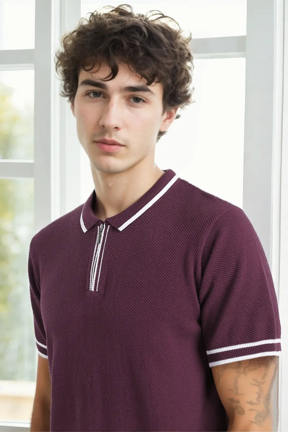 Zip-up Textured Polo Shirts