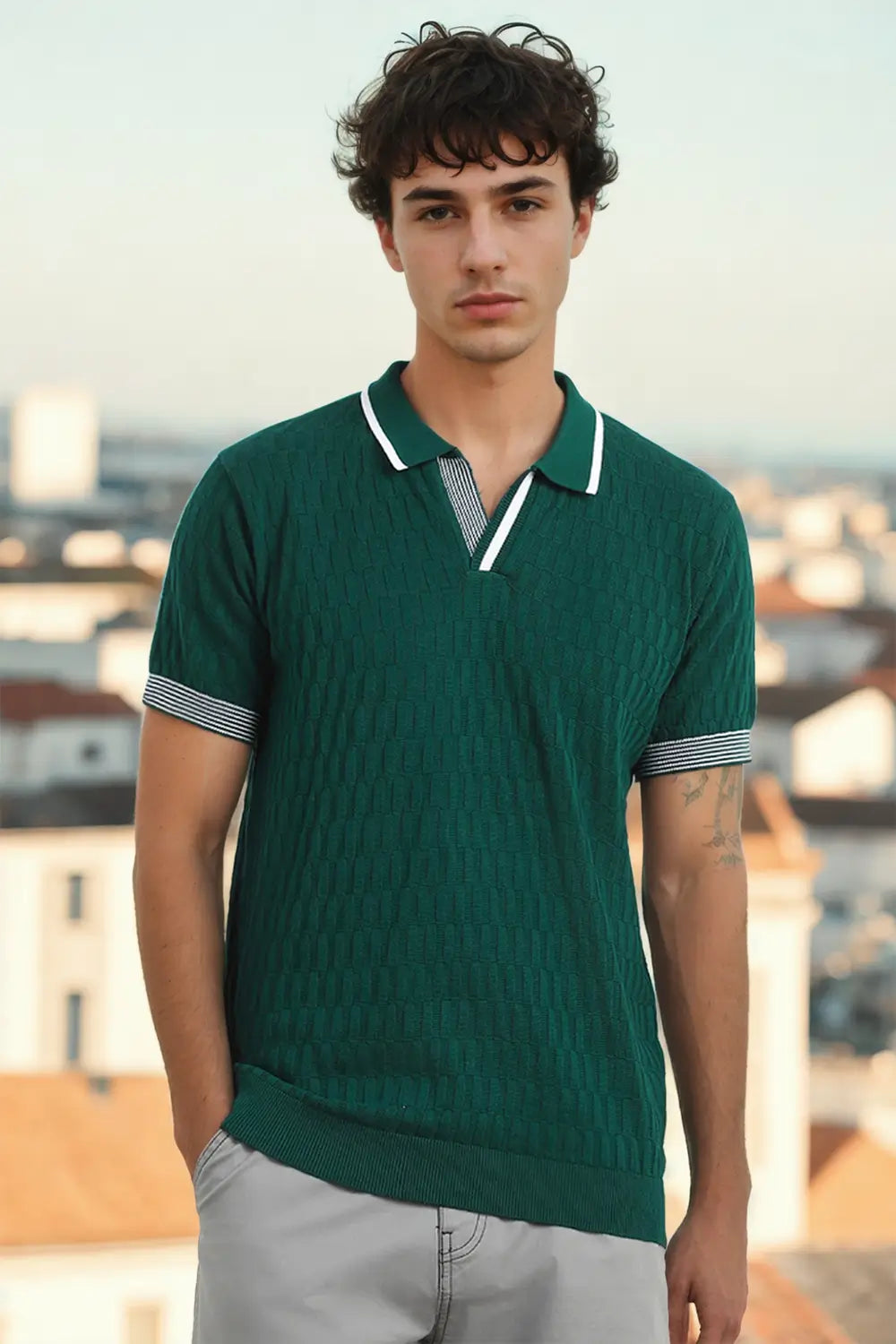 Grid Knit Textured Polo T-Shirt