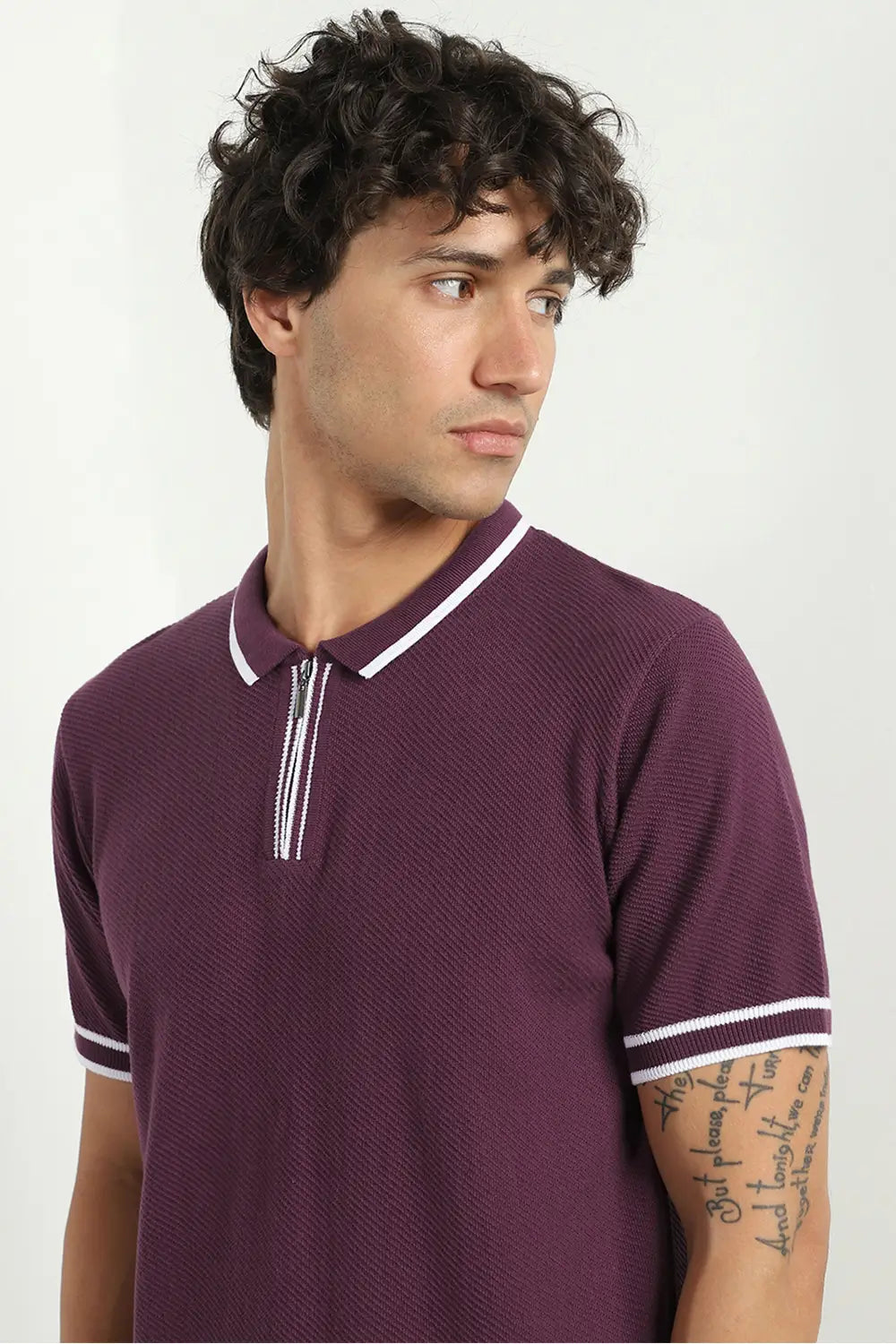 Zip-up Textured Polo T-Shirt