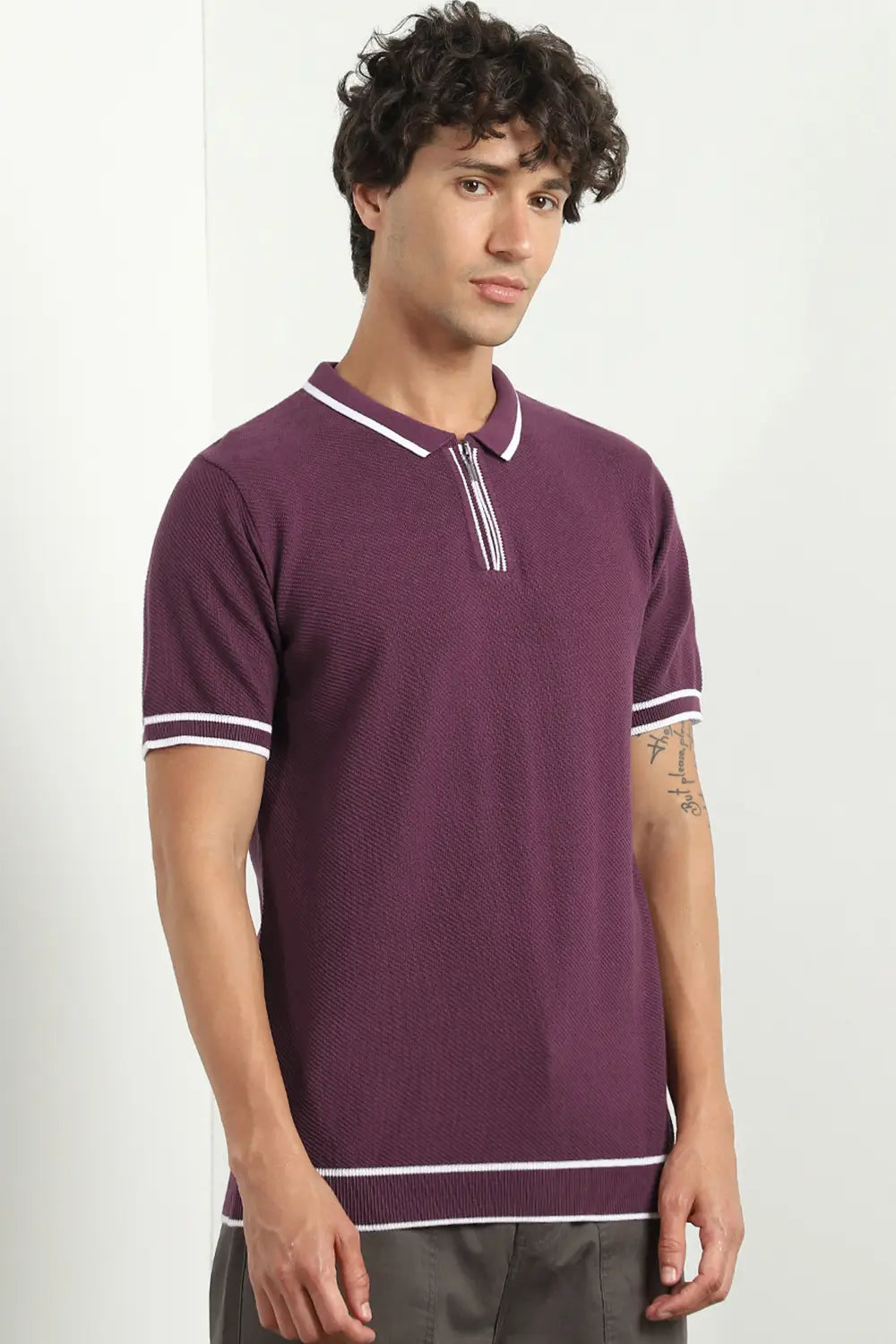 Zip-up Textured Polo T-Shirt