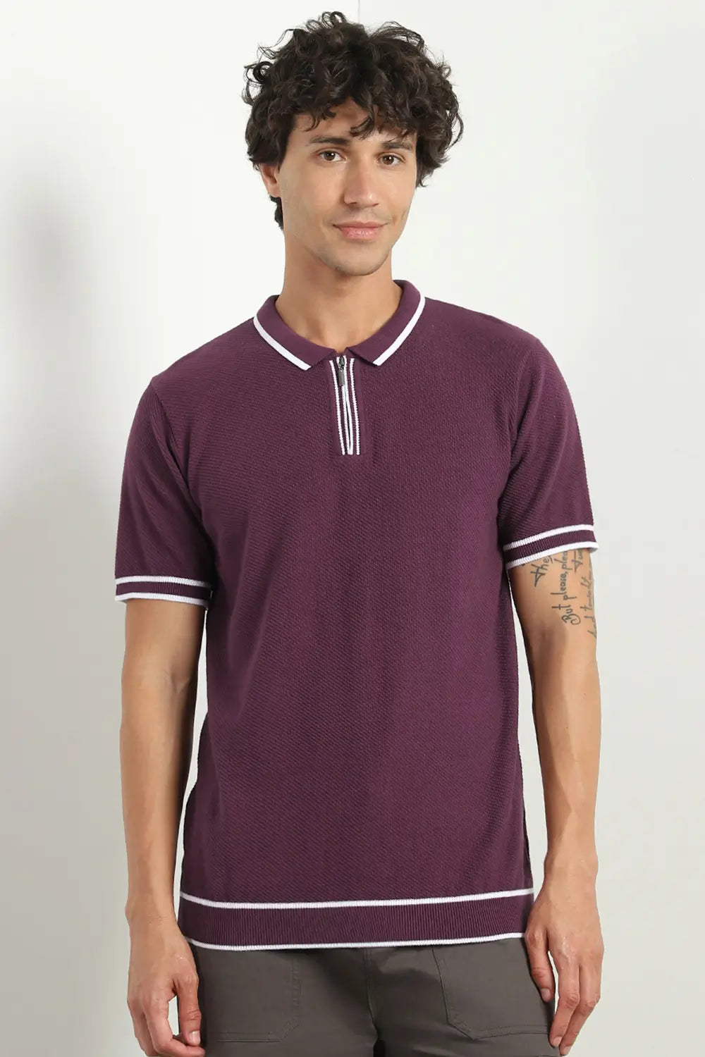 Zip-up Textured Polo T-Shirt