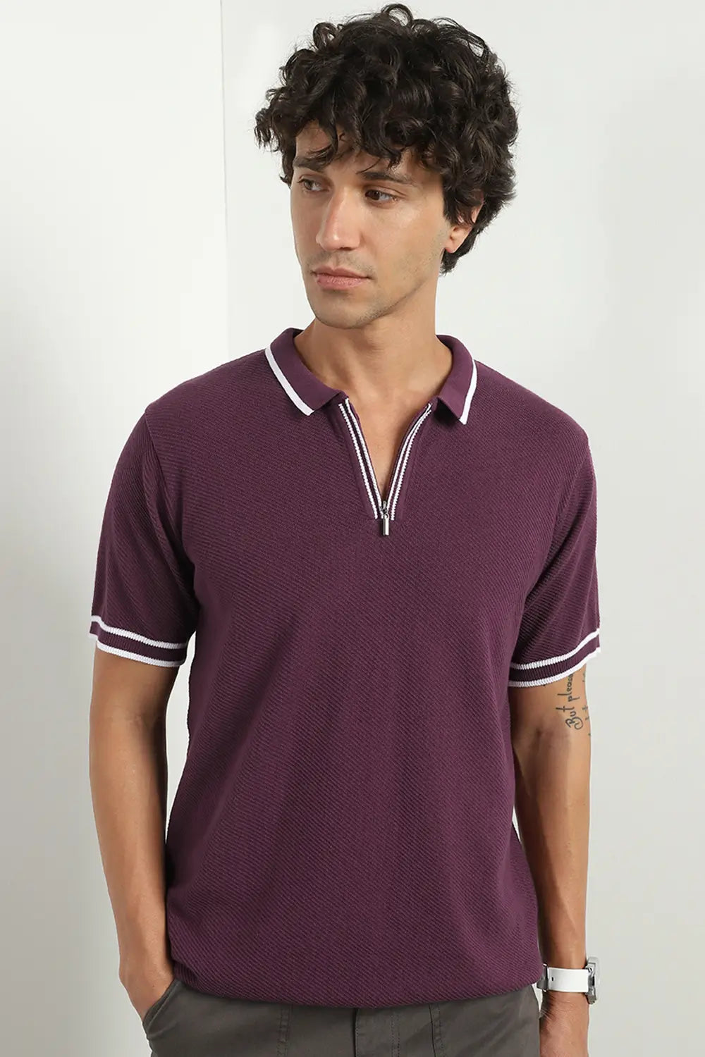 Zip-up Textured Polo Shirts