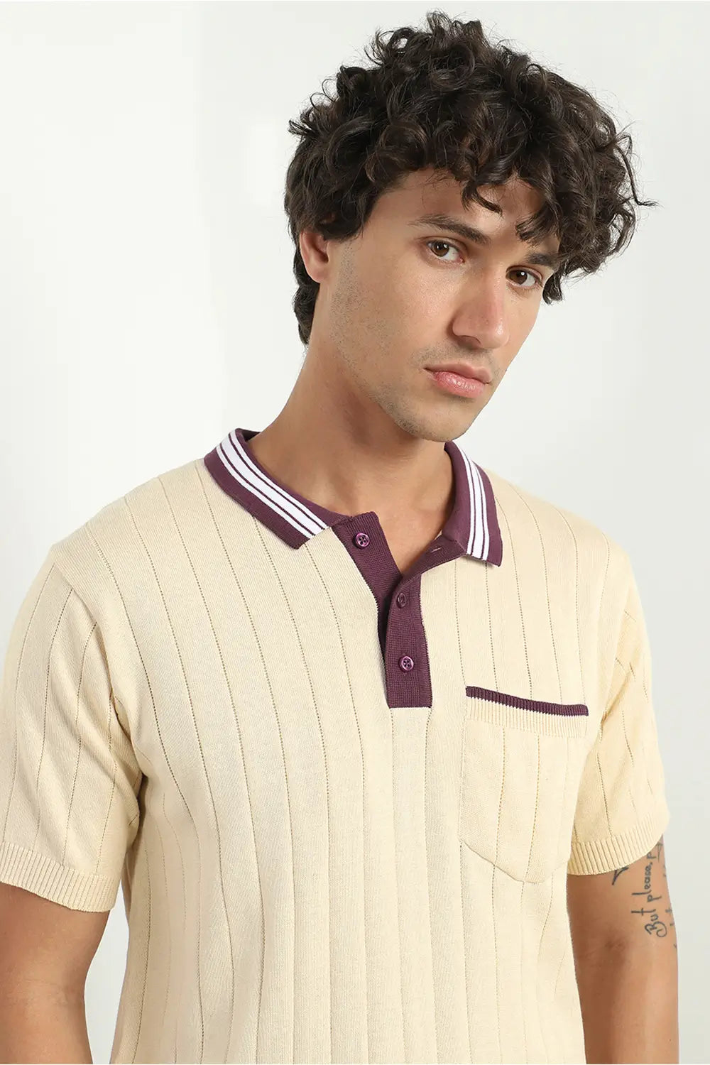 Contrast Collar Textured Polo T-Shirt