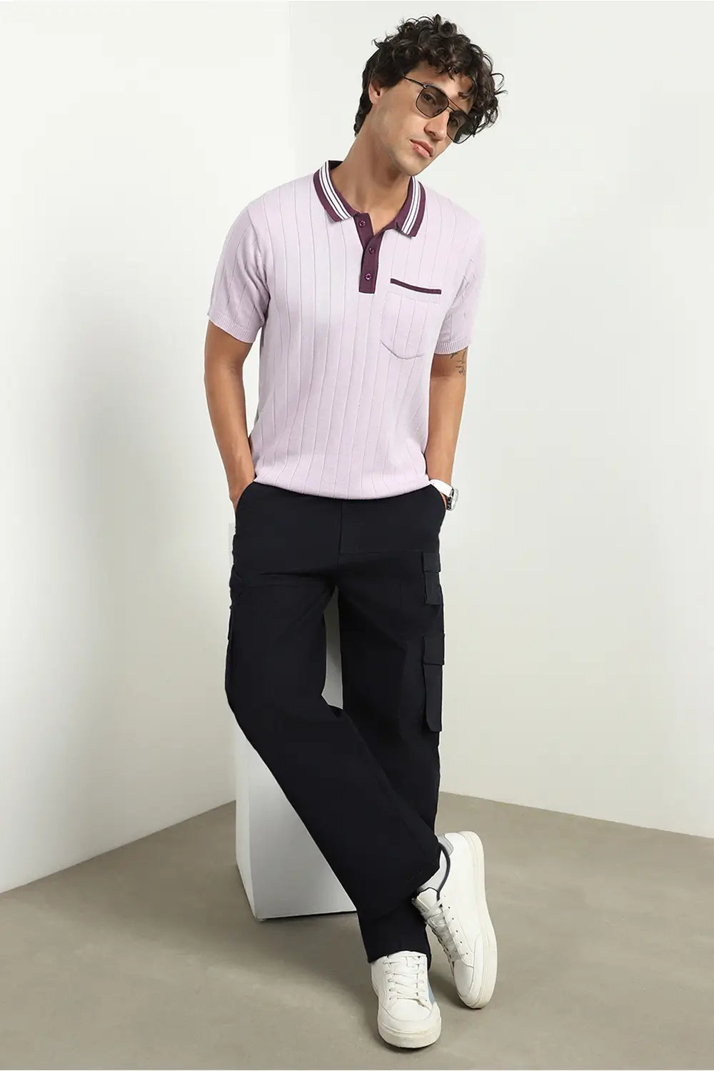 Contrast Collar Textured Polo T-Shirt