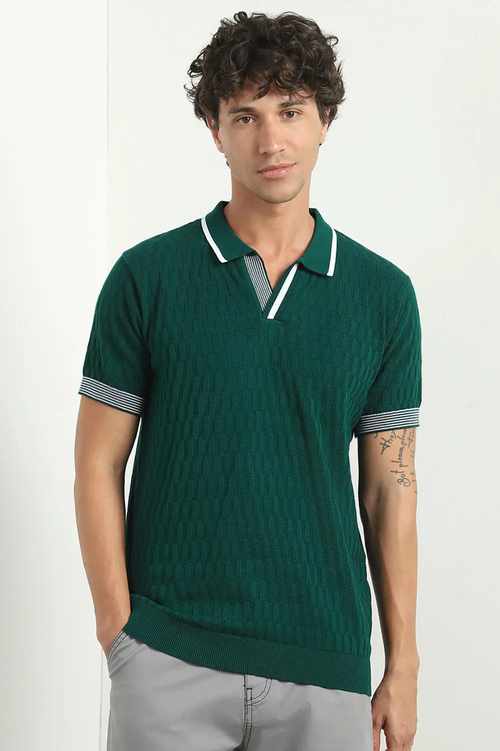 Grid Knit Textured Polo Shirts