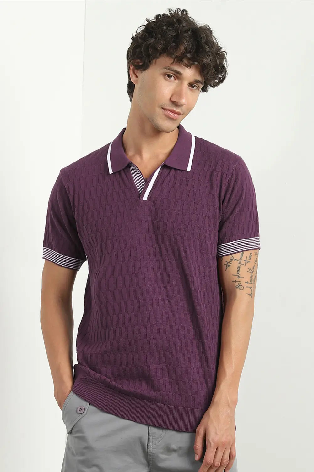 Grid Knit Textured Polo Shirts