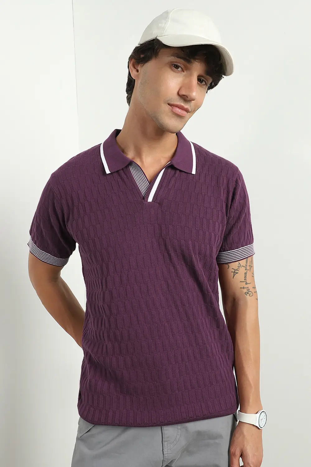 Grid Knit Textured Polo Shirts